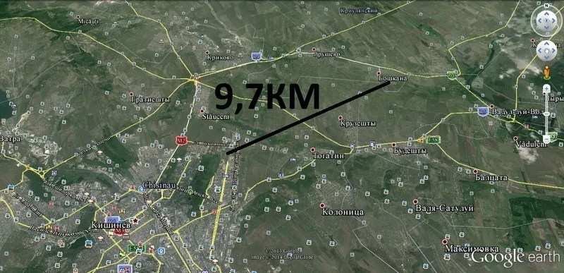 По прямой 9, 7км,  участок 12соток 15 минутах или 18кмКМ от Кишинева 